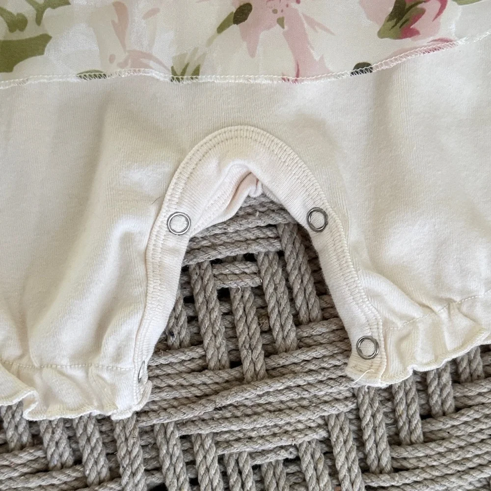 Tesa Babe Floral Romper 6-12M Ivory Pink Bow Sheer Ruffle